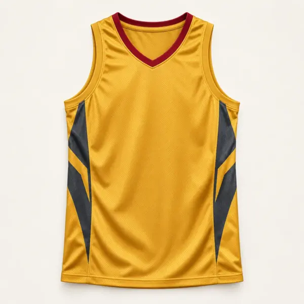 Main mockup of a gold basketball jersey in the Gold Fieldhouse design