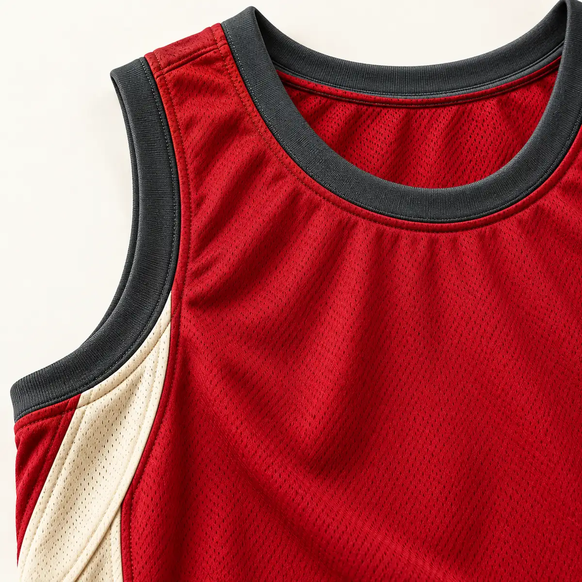 Detail mockup of a crimson basketball jersey in the Crimson Crosscourt design
