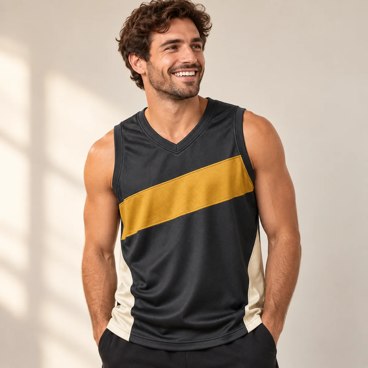 Lifestyle mockup of a graphite basketball jersey in the Graphite Fast Break design