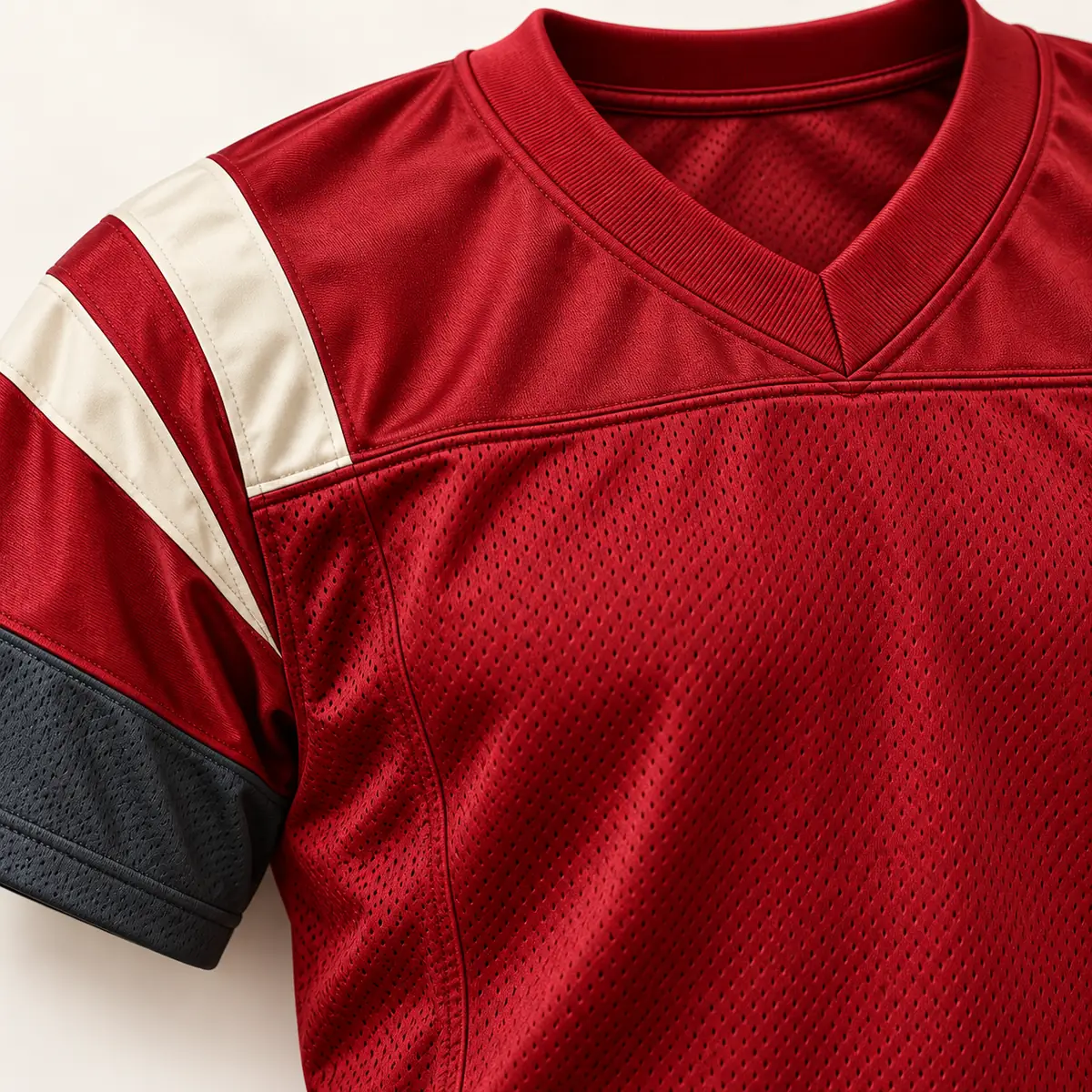 Detail mockup of a crimson football jersey in the Crimson End Zone design