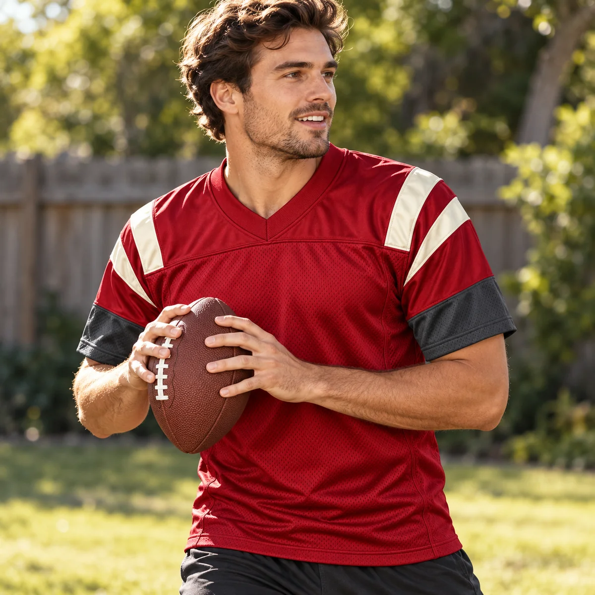 Lifestyle mockup of a crimson football jersey in the Crimson End Zone design