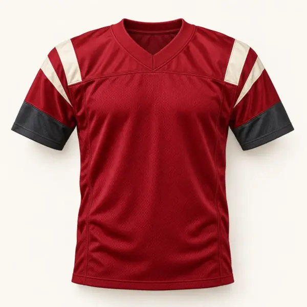 Main mockup of a crimson football jersey in the Crimson End Zone design