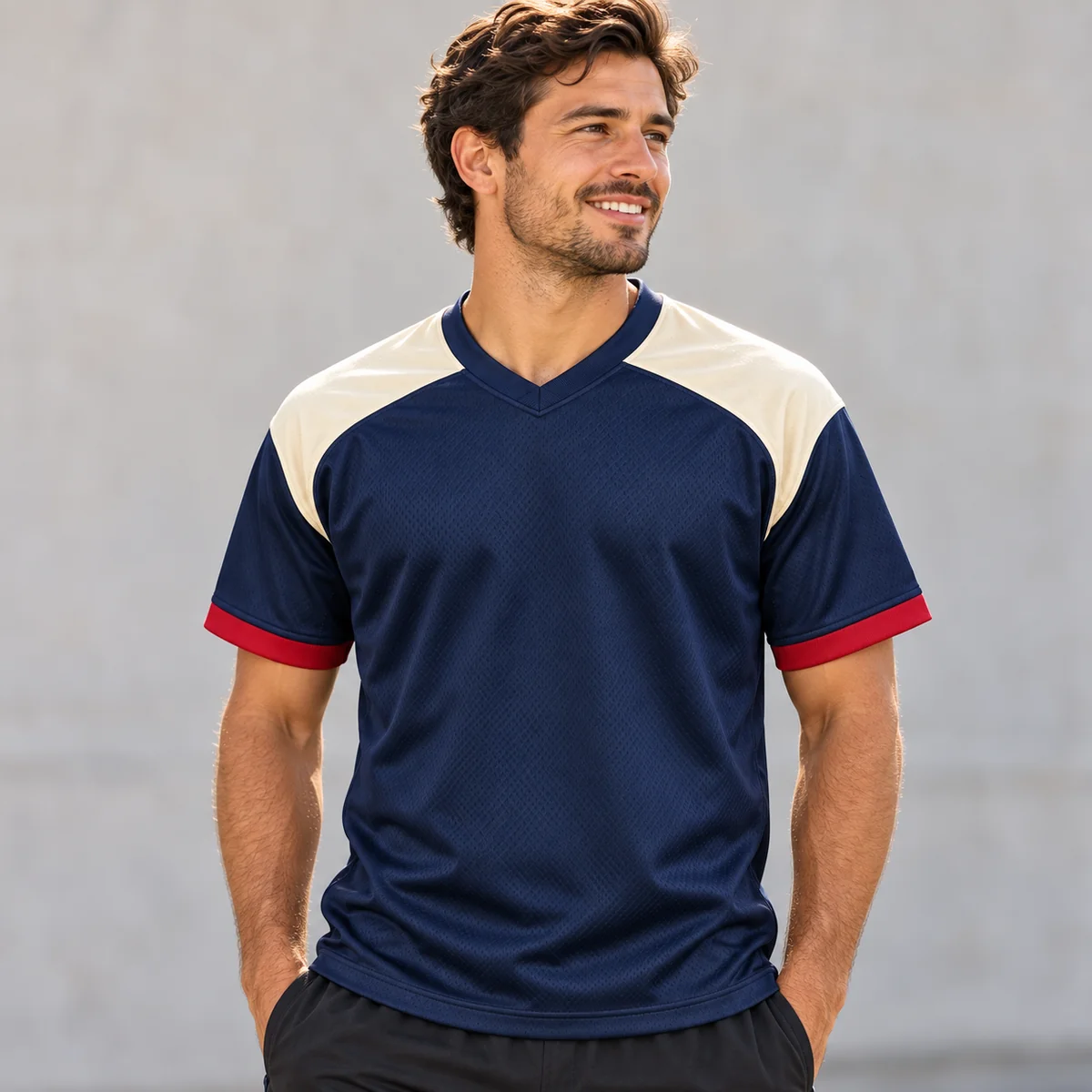 Lifestyle mockup of a navy football jersey in the Navy Fourth Down design