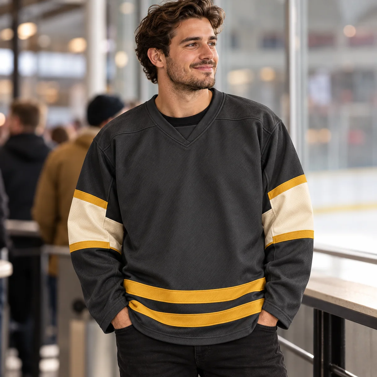 Lifestyle mockup of a graphite hockey jersey in the Graphite Ice Line design
