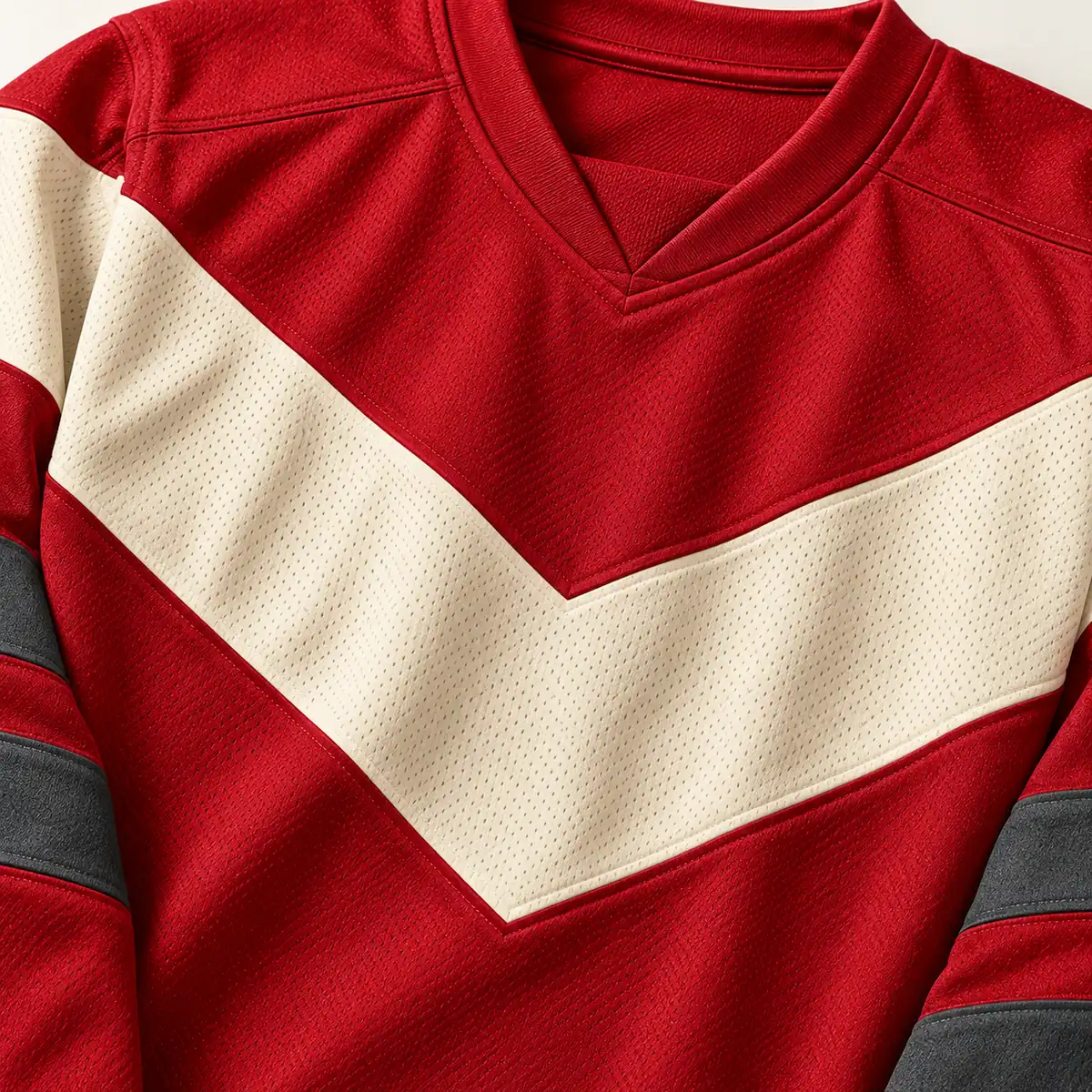 Detail mockup of a crimson hockey jersey in the Crimson Rinkside design