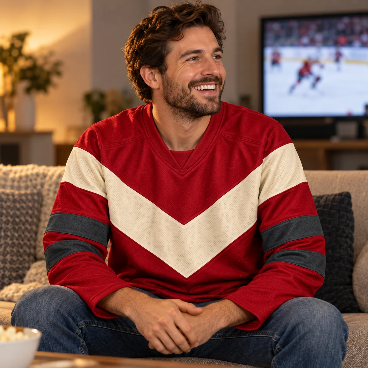 Lifestyle mockup of a crimson hockey jersey in the Crimson Rinkside design