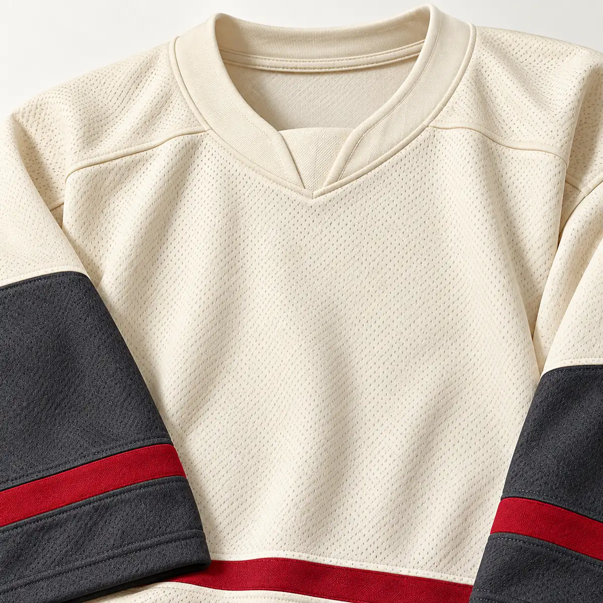 Detail mockup of a cream hockey jersey in the Cream Winter Shift design