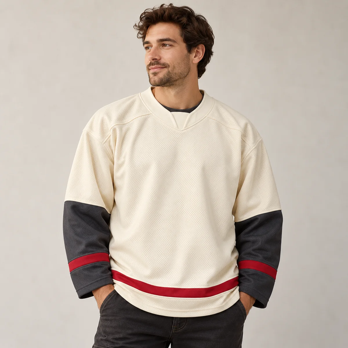 Lifestyle mockup of a cream hockey jersey in the Cream Winter Shift design