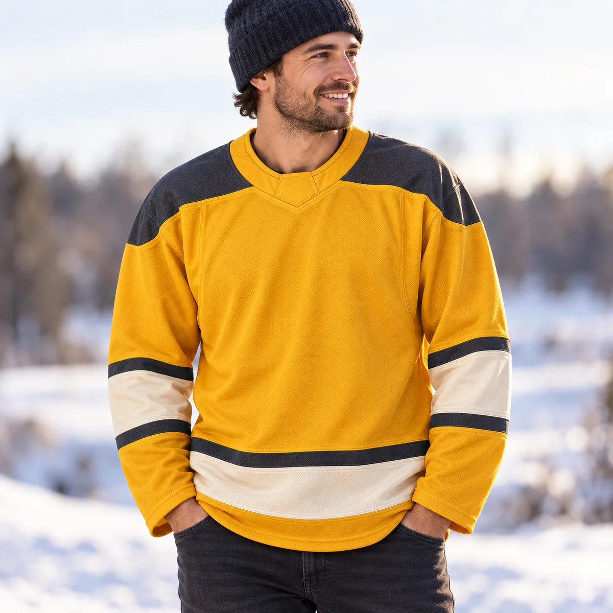 Lifestyle mockup of a gold hockey jersey in the Gold Overtime design