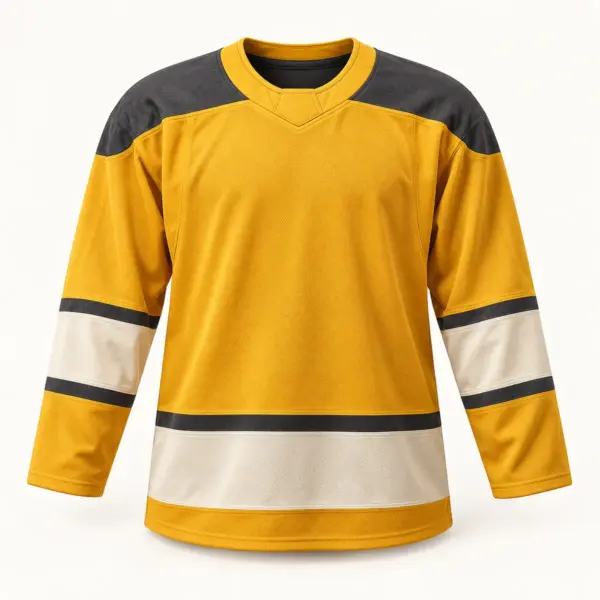 Main mockup of a gold hockey jersey in the Gold Overtime design