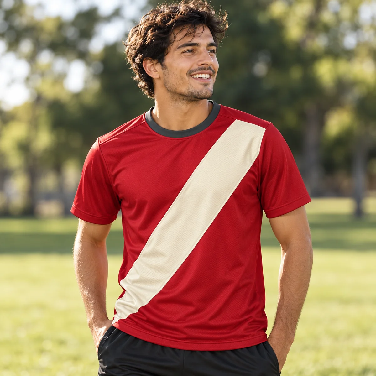 Lifestyle mockup of a crimson soccer jersey in the Crimson Weekend Kick design
