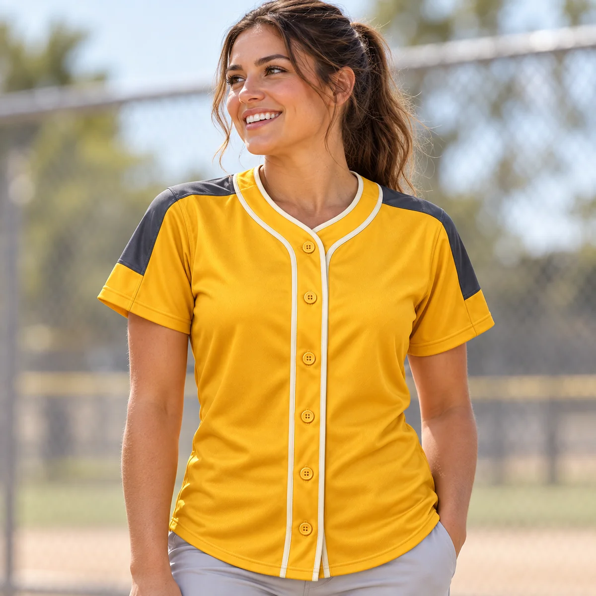 Lifestyle mockup of a gold softball jersey in the Gold Summer Diamond design