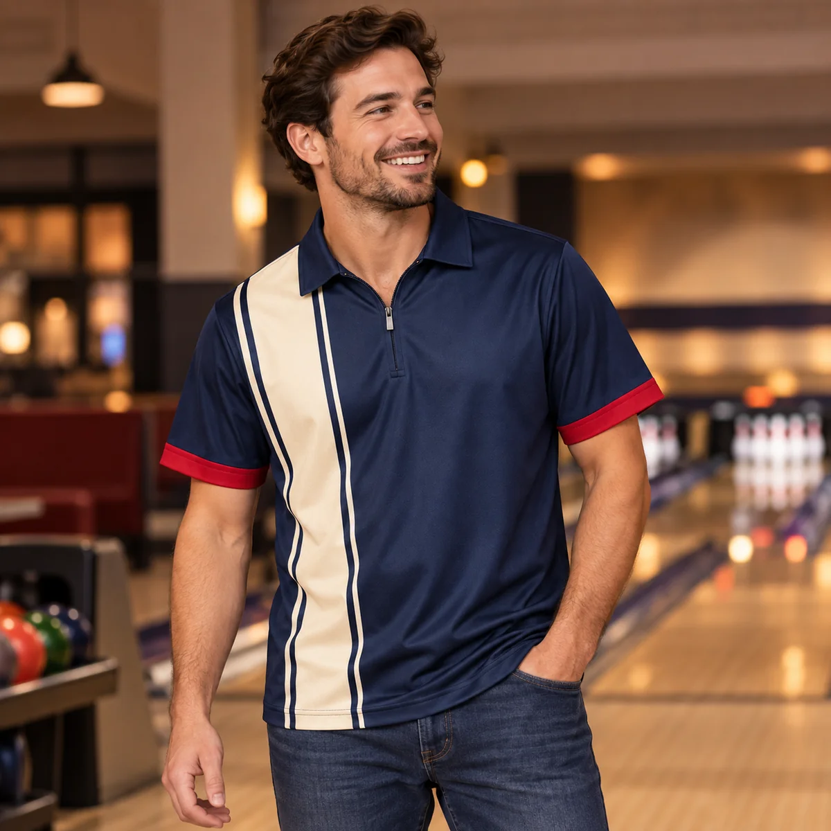 Lifestyle mockup of a navy bowling jersey in the Navy Spare Frame design