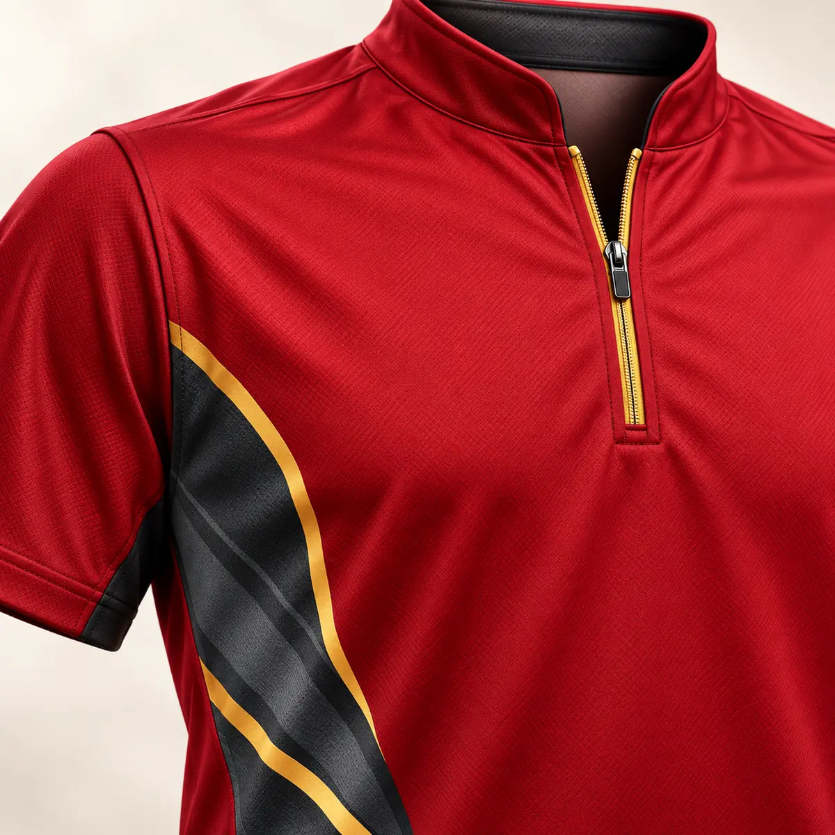 Detail mockup of a crimson bowling jersey in the Crimson Rolling Line design