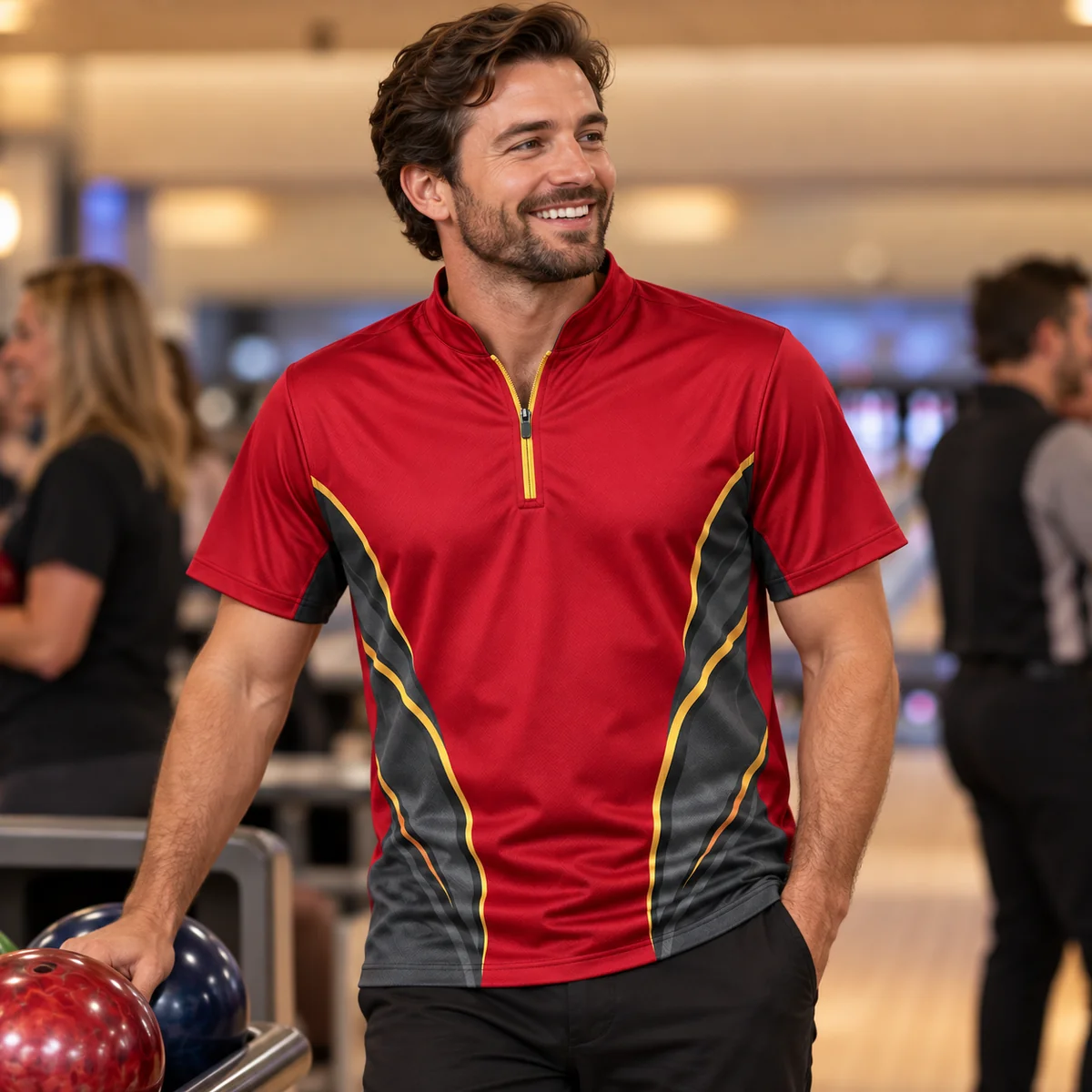 Lifestyle mockup of a crimson bowling jersey in the Crimson Rolling Line design