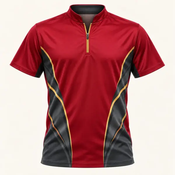 Main mockup of a crimson bowling jersey in the Crimson Rolling Line design