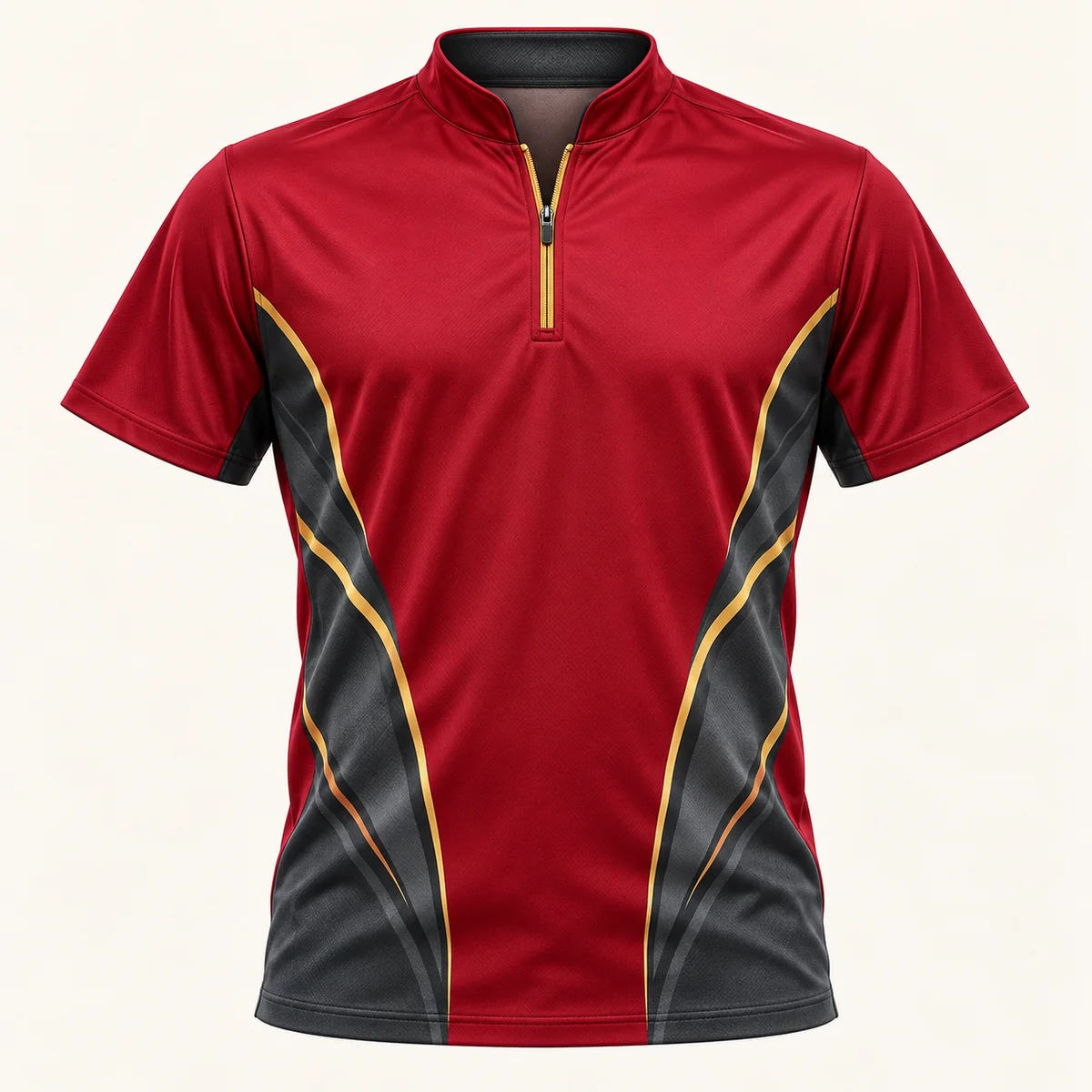 Main mockup of a crimson bowling jersey in the Crimson Rolling Line design