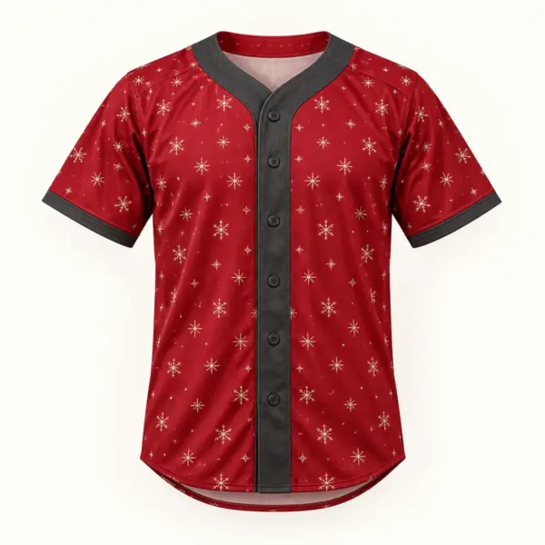 Main mockup of a crimson baseball jersey in the Crimson Snowfall design