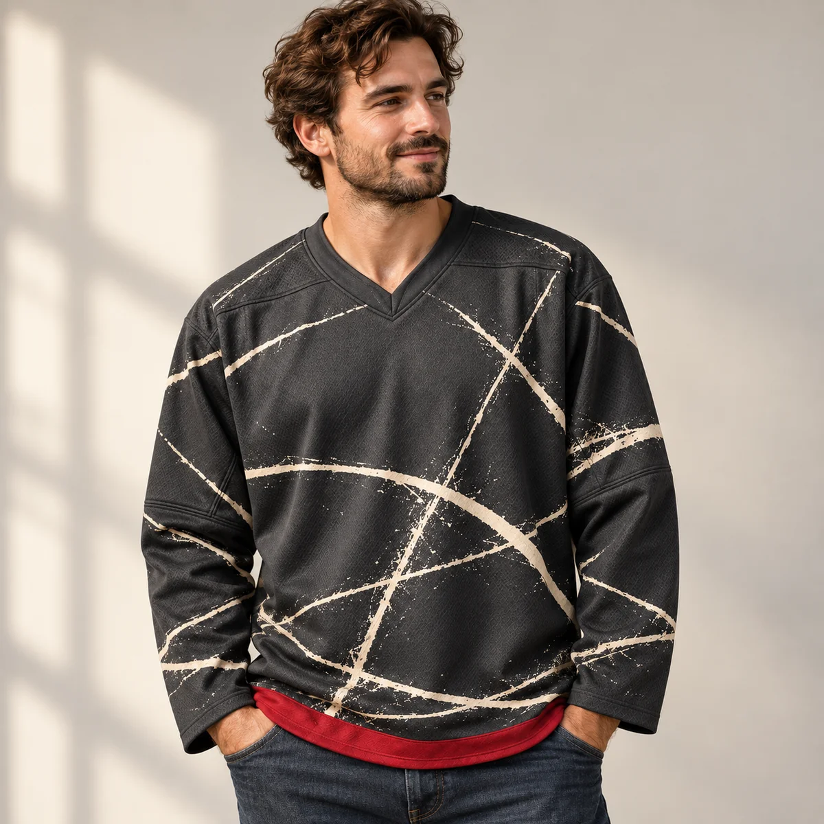 Lifestyle mockup of a graphite hockey jersey in the Graphite Frost Line design