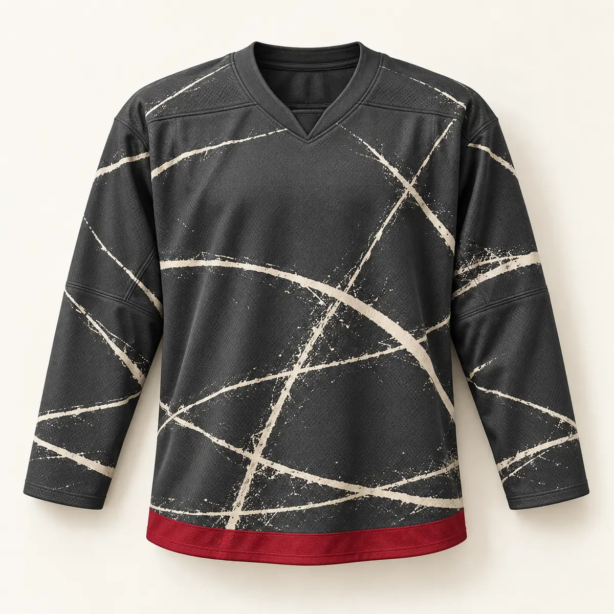 Main mockup of a graphite hockey jersey in the Graphite Frost Line design