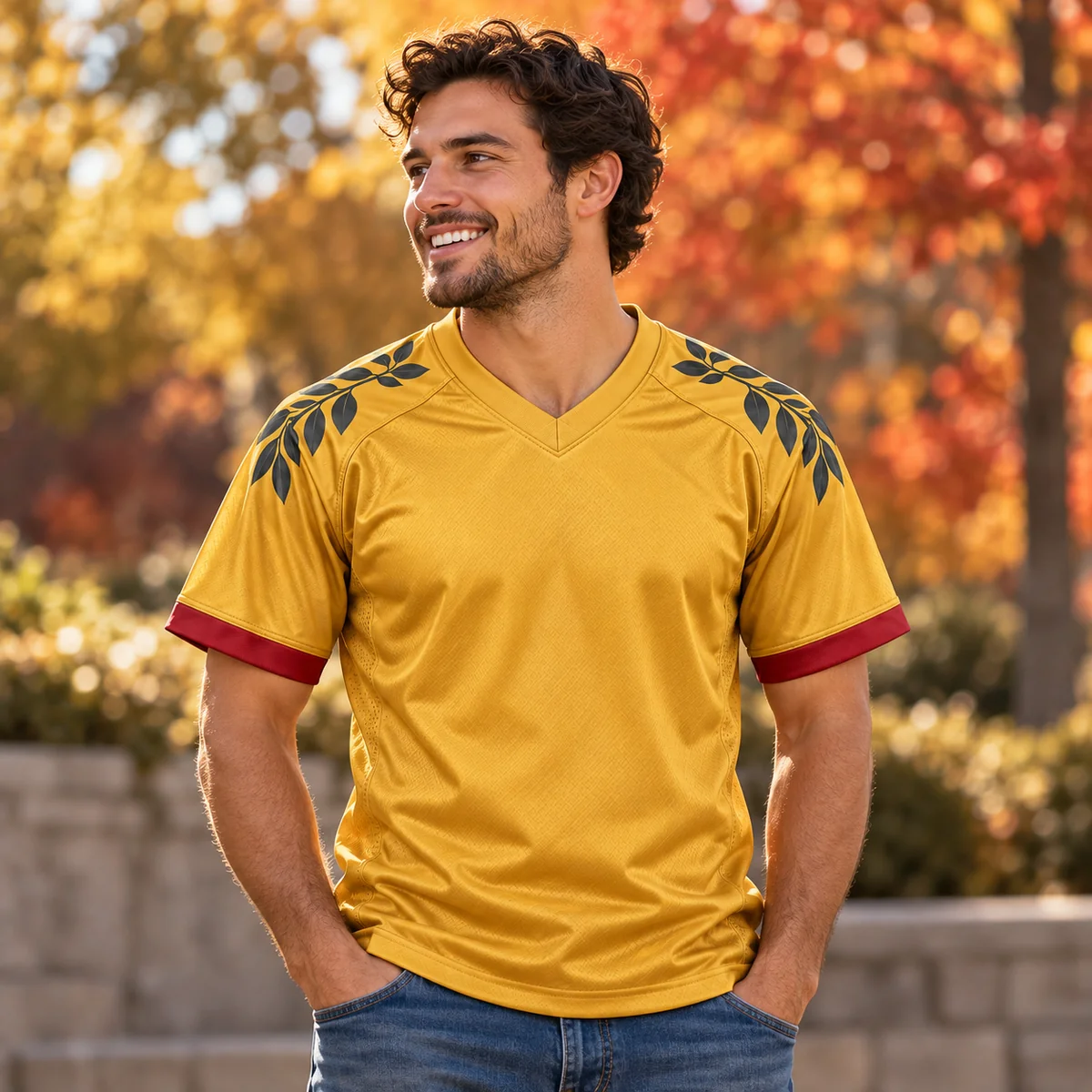 Lifestyle mockup of a gold football jersey in the Gold Autumn Rally design
