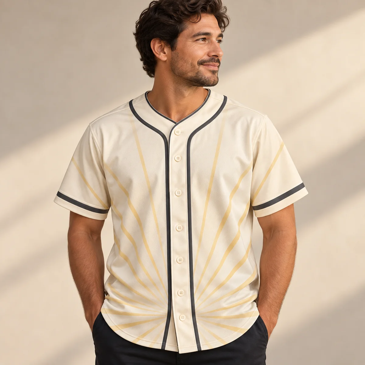 Lifestyle mockup of a cream baseball jersey in the Cream Quiet Horizon design