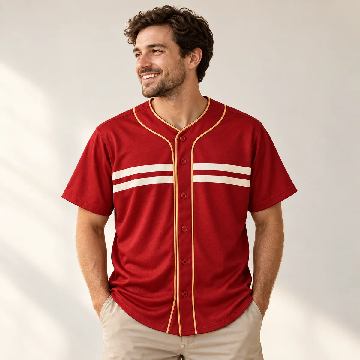 Lifestyle mockup of a crimson baseball jersey in the Crimson Shared Moment design