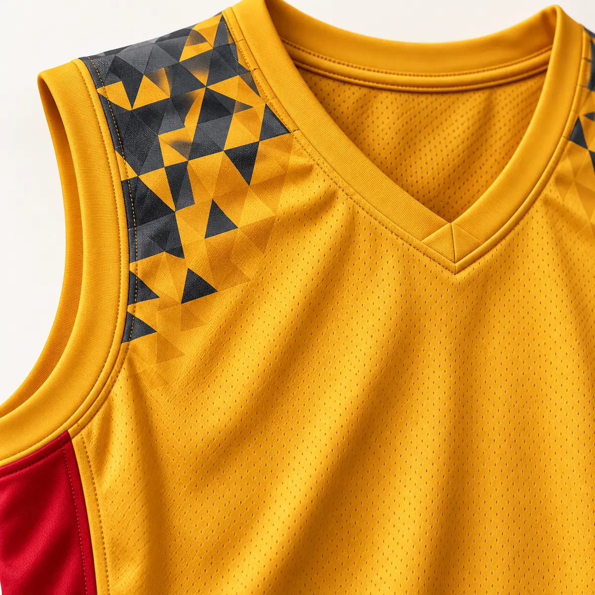 Detail mockup of a gold basketball jersey in the Gold Geometric Rally design