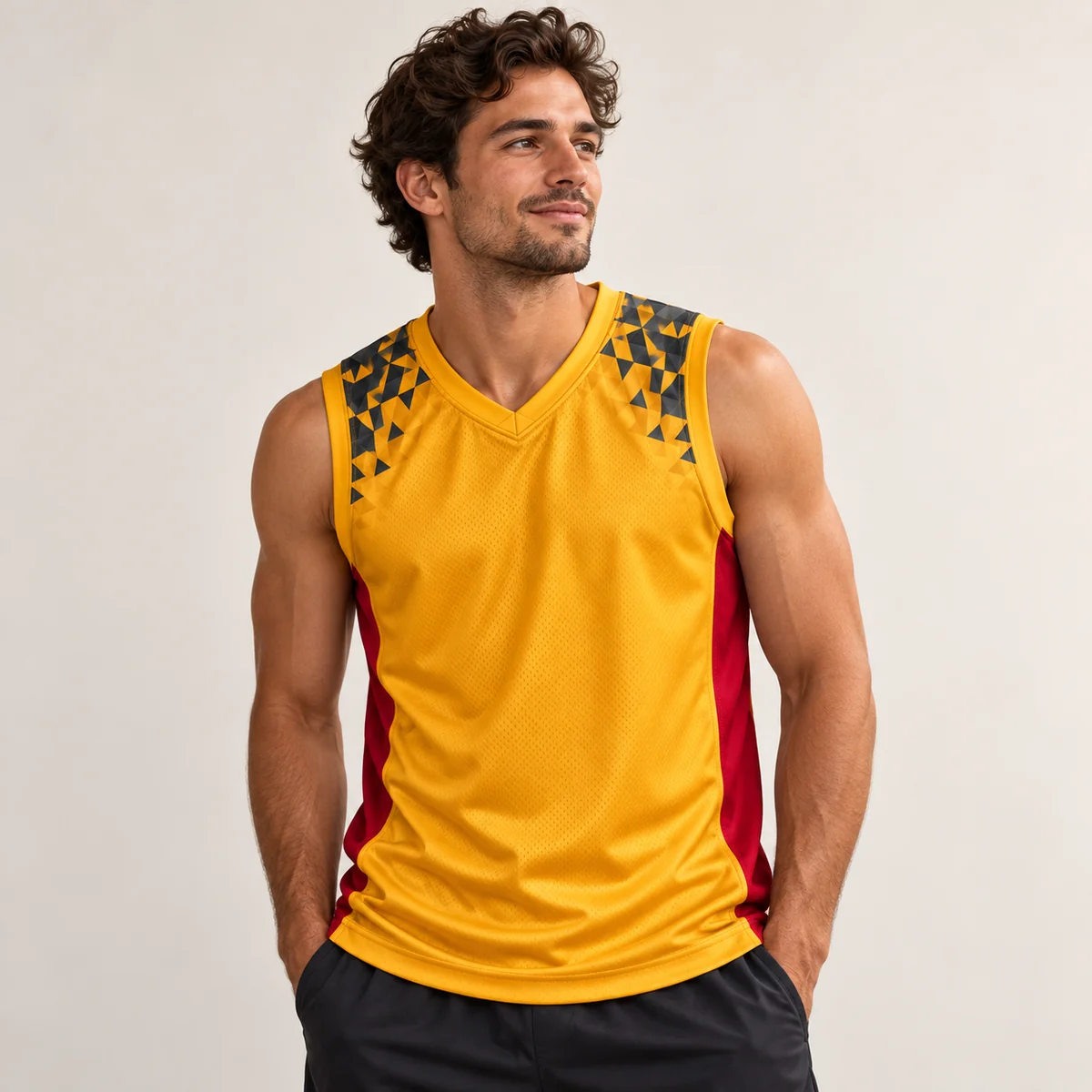 Lifestyle mockup of a gold basketball jersey in the Gold Geometric Rally design