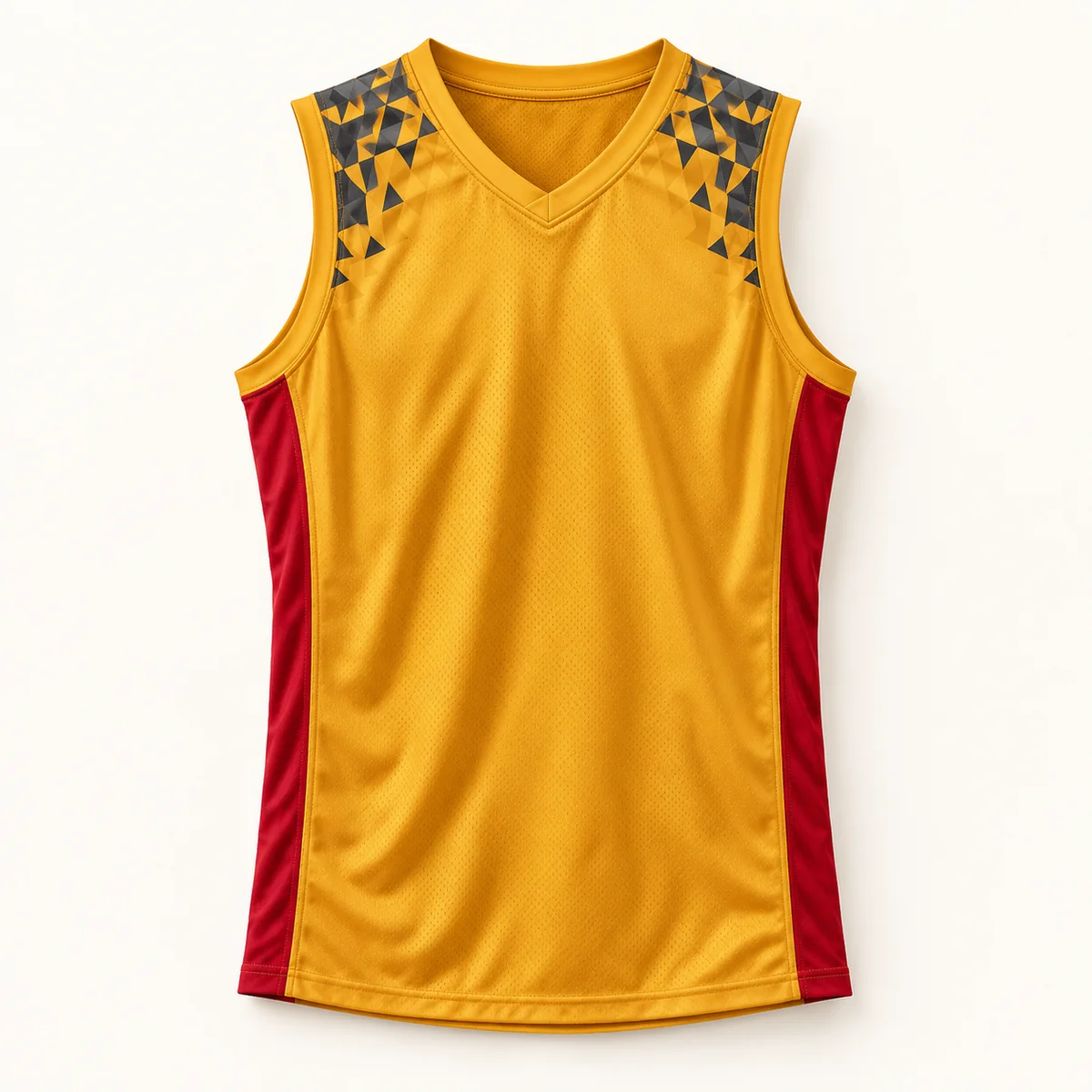 Main mockup of a gold basketball jersey in the Gold Geometric Rally design