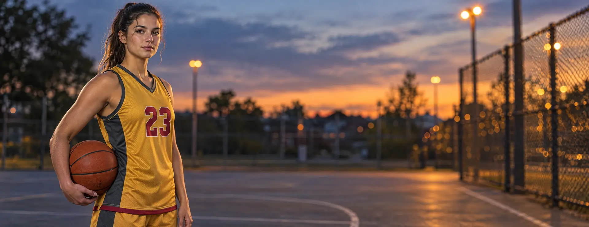 A player in a gold sleeveless basketball jersey holding a ball on an outdoor court at dusk