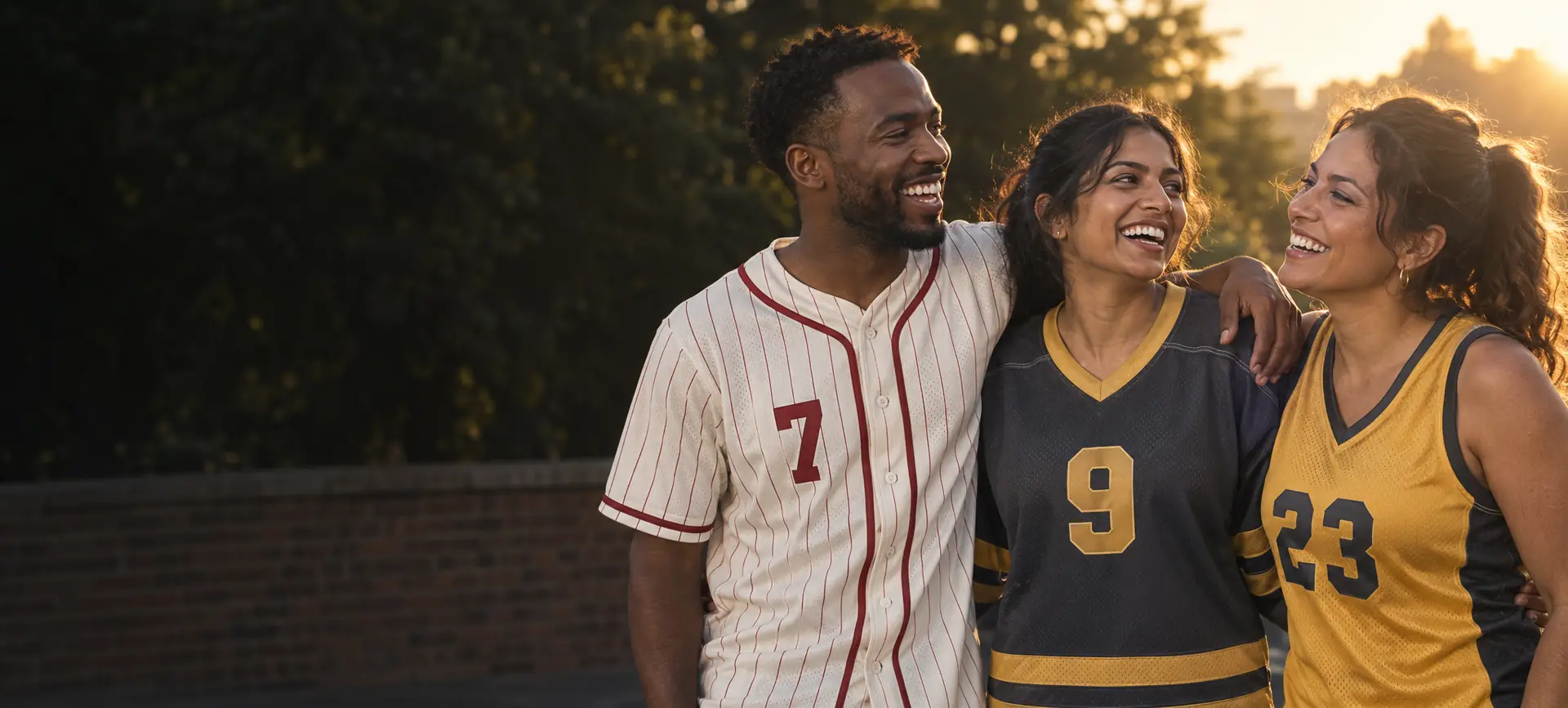 Three friends laughing together in custom baseball, hockey and basketball jerseys at golden hour
