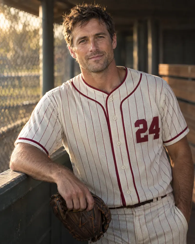A man in a cream pinstripe baseball jersey leaning on a dugout rail in afternoon light