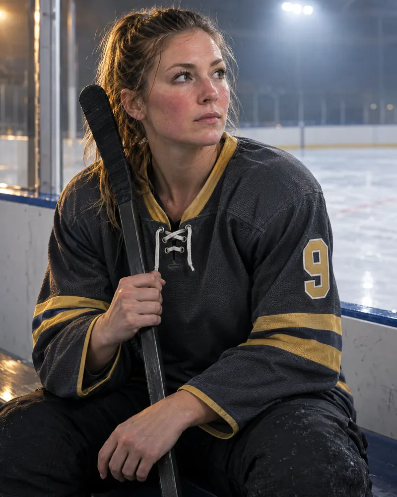 A woman in a graphite and gold hockey jersey on a rink bench with her stick over her shoulder