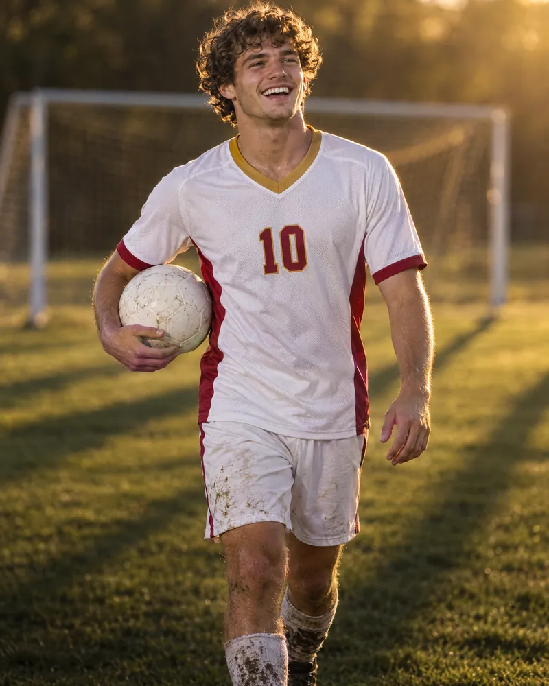 A young man in a white and crimson soccer jersey carrying a ball across a pitch at golden hour