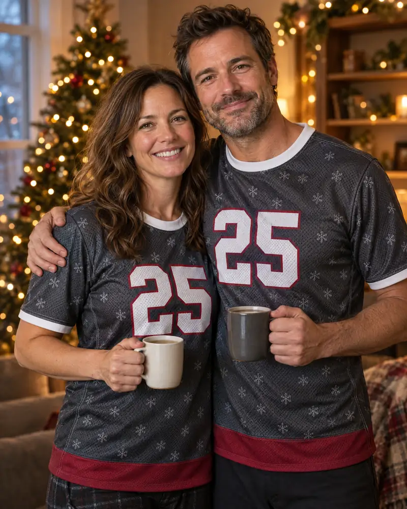 Two adults in matching snowflake-pattern holiday jerseys in a warm living room with string lights