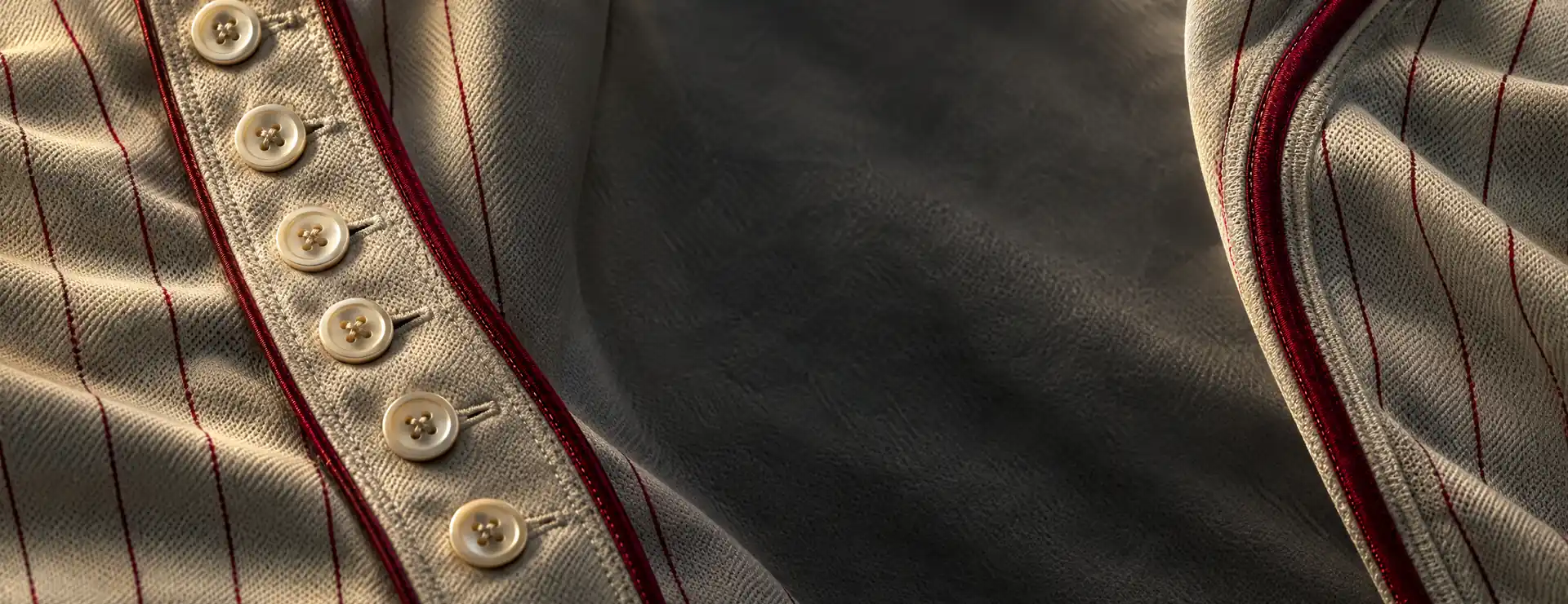Close-up of stitched crimson piping, buttons and pinstripe fabric on a baseball jersey