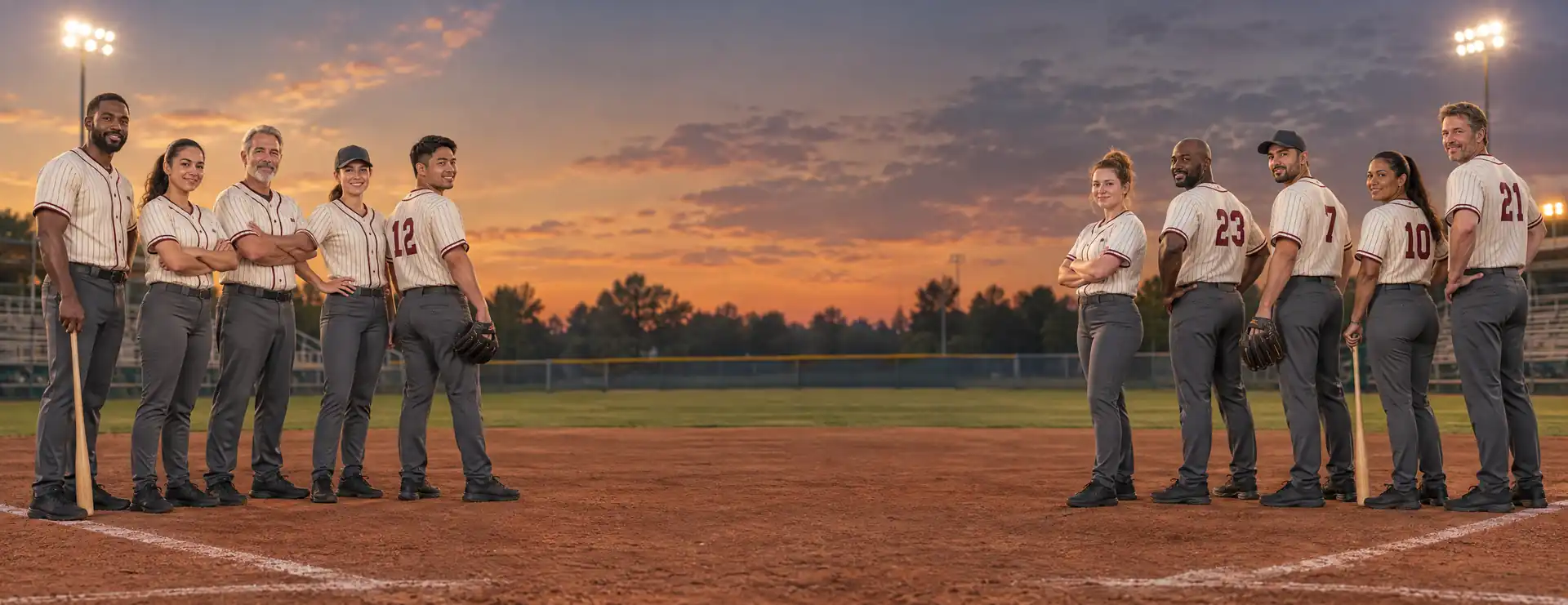 A recreational team standing in matching cream pinstripe jerseys on a baseball field at dusk